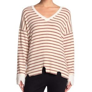 LNA STRIPED DISTRESSED V-NECK SWEATER